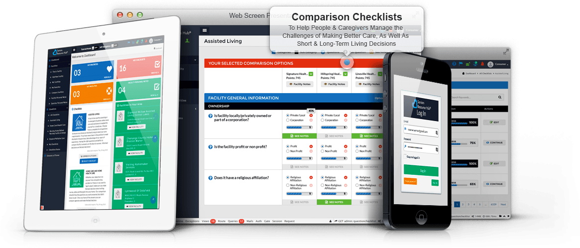 The comparison checklists on a tablet, laptop and phone